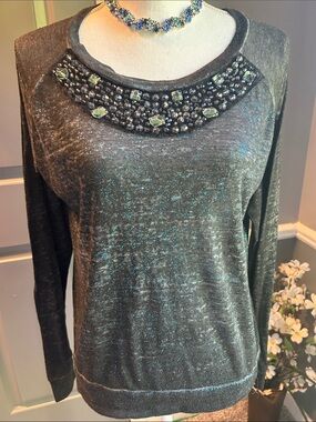 Embellished Metallic Black Long-Sleeve Sweater